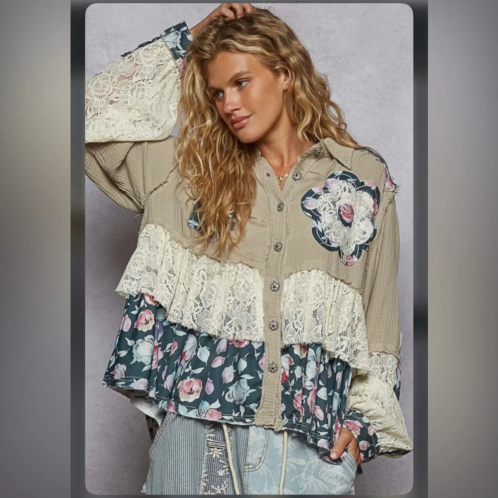 POL grey gauze crochet lace stitched flower floral cotton button jacket coat - Picture 3 of 7